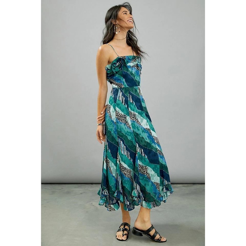 Hutch Maxi Dress 00 Blue Teal Abstract Leopard Ruffle Spaghetti Strap 10247